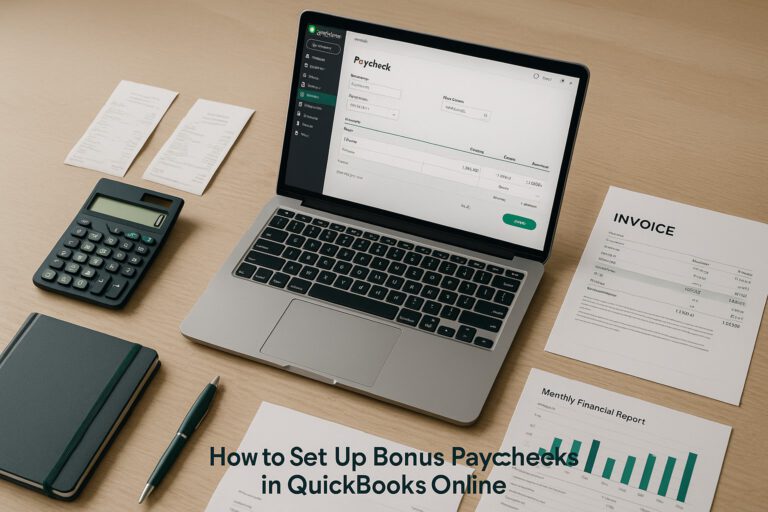 Screenshot of QuickBooks Online payroll dashboard showing bonus paycheck setup for small businesses.