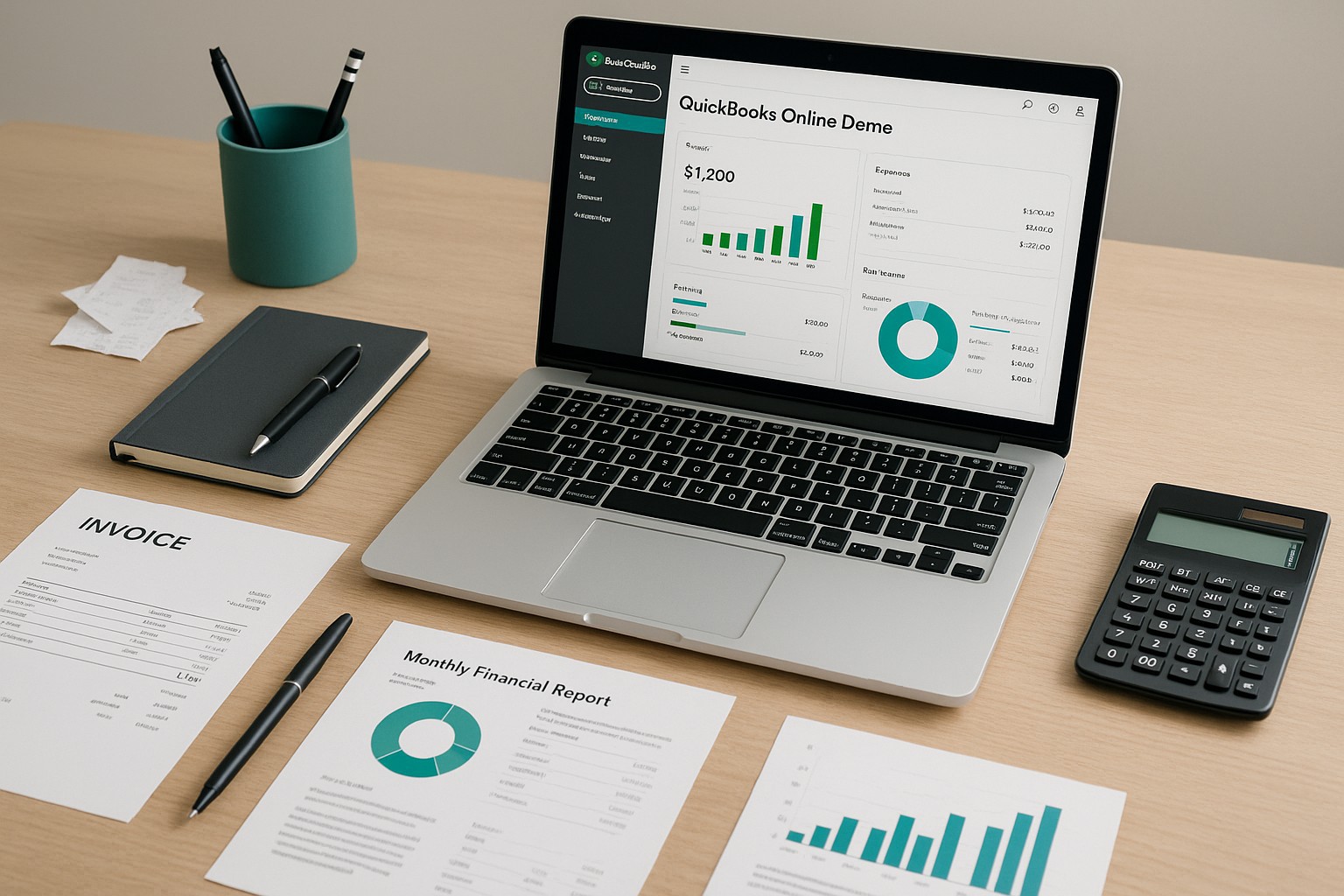 Screenshot of QuickBooks Online dashboard showing sample company data and accounting features.