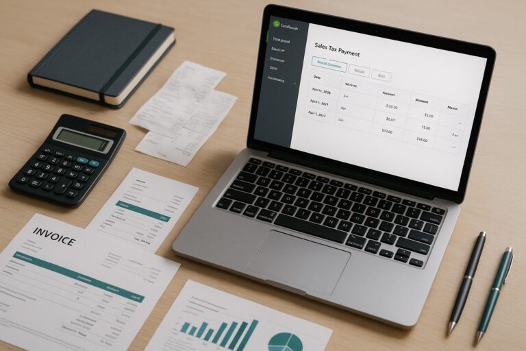 Screenshot of QuickBooks Online dashboard showing sales tax payment workflow for small business accounting.