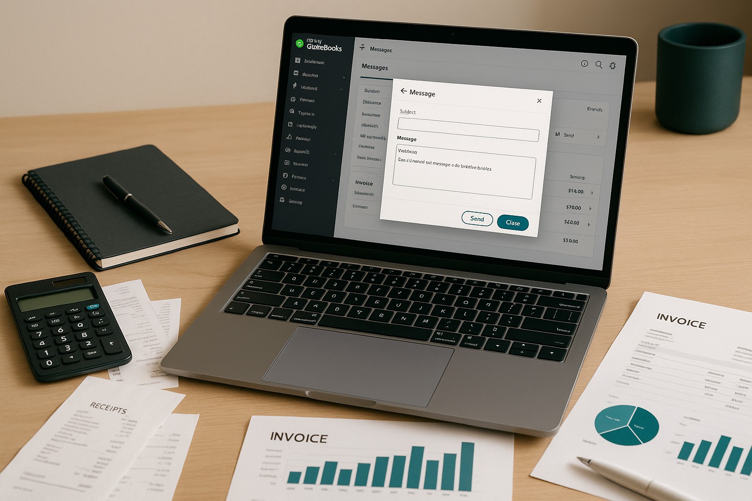 Screenshot of QuickBooks Online message settings screen with highlighted options for customizing invoice messages to customers