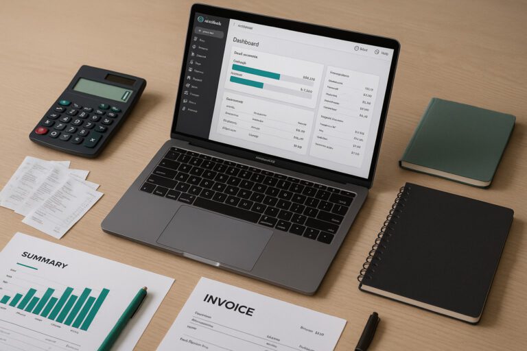 A small business owner using QuickBooks Online on a laptop to transfer funds between two bank accounts, with financial charts and bank icons visible on the screen.