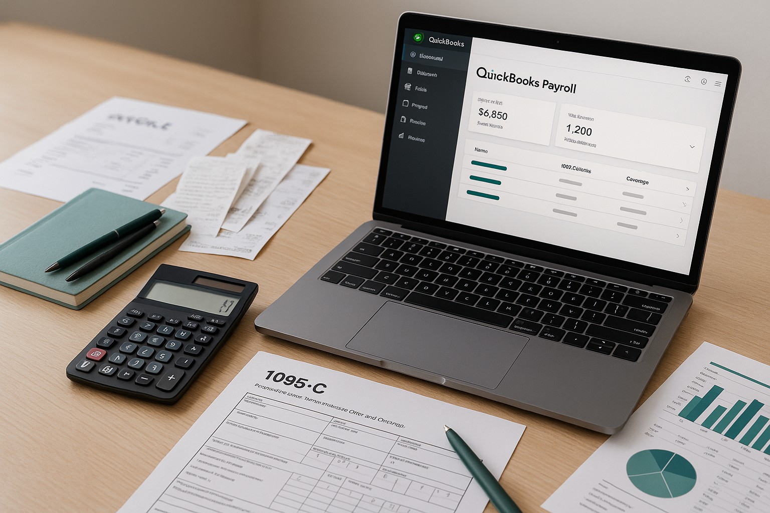 Accountant reviewing 1095-C payroll forms on a laptop using QuickBooks software in a modern office setting.