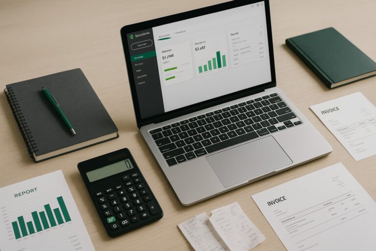 Accountant troubleshooting QuickBooks Payroll Error PS036 on a laptop with financial documents and QuickBooks software on screen.