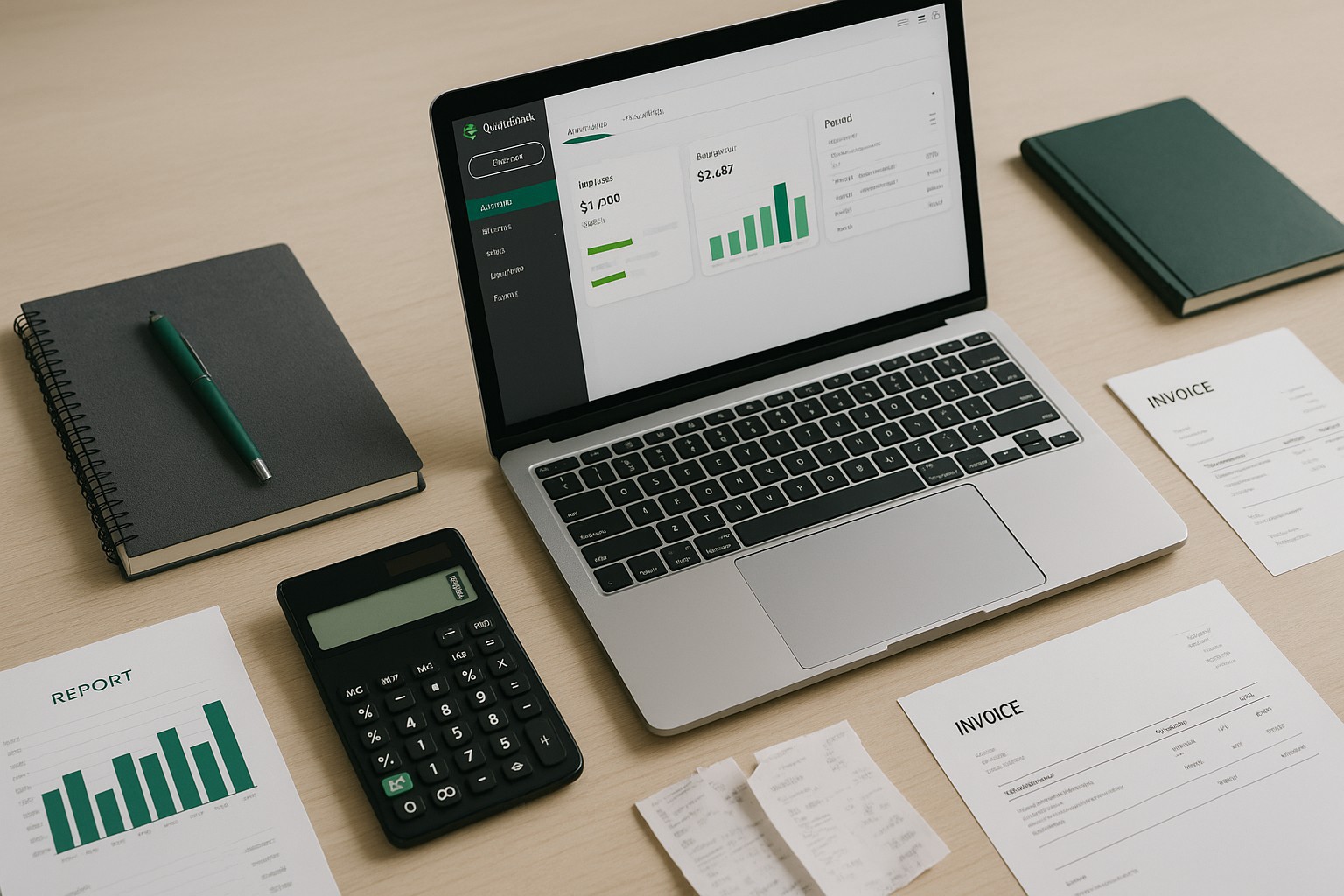 Accountant troubleshooting QuickBooks Payroll Error PS036 on a laptop with financial documents and QuickBooks software on screen.