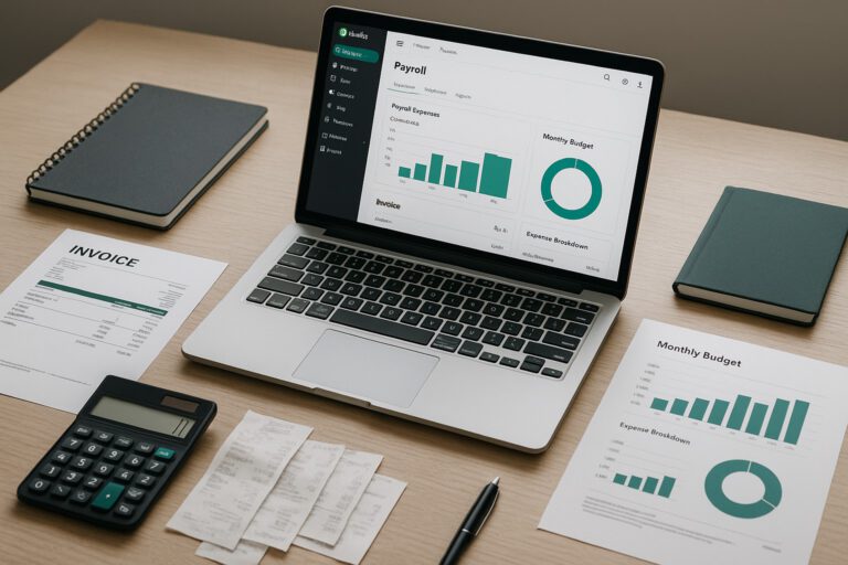 Accountant reviewing QuickBooks payroll setup checklist on a laptop with financial documents and calculator on the desk