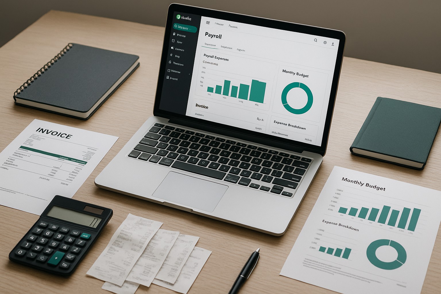 Accountant reviewing QuickBooks payroll setup checklist on a laptop with financial documents and calculator on the desk