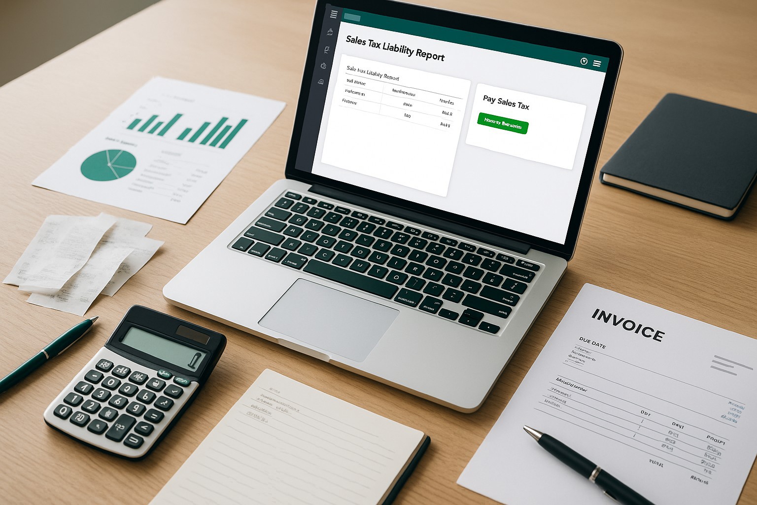 Accountant reviewing QuickBooks sales tax reports on a laptop, comparing liability and payment entries.