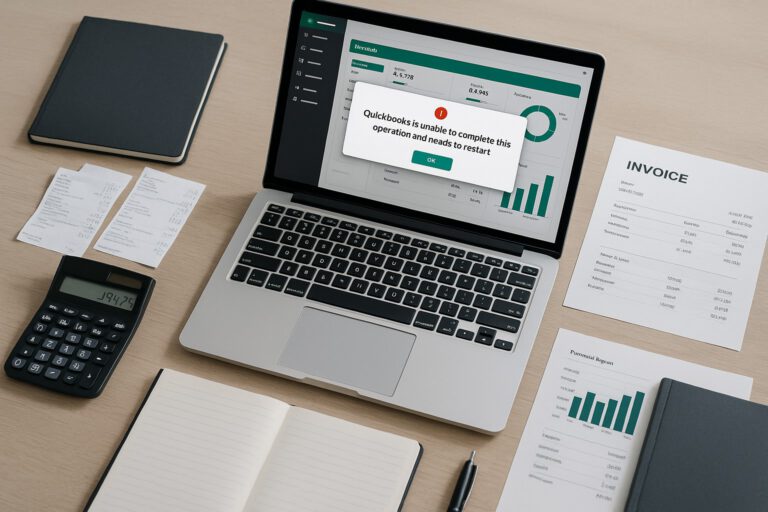 Accountant reviewing QuickBooks error message on a computer screen in a small business office setting