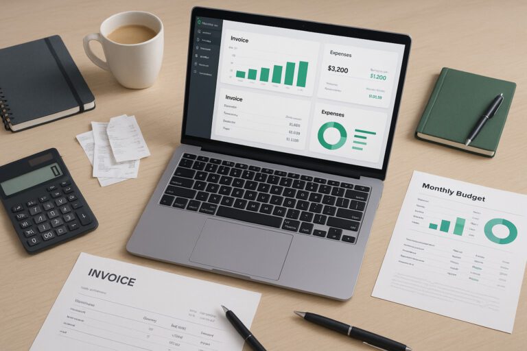 Accountant reviewing QuickBooks dashboard on laptop with financial reports and upgrade notifications visible