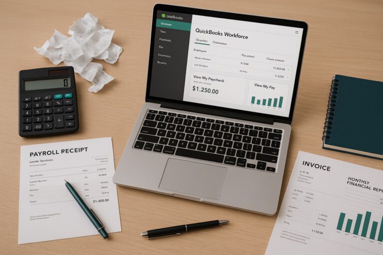 Small business accountant reviewing payroll and employee paychecks in QuickBooks Workforce dashboard on a laptop.