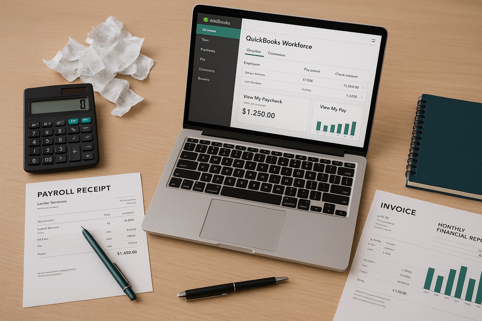 Small business accountant reviewing payroll and employee paychecks in QuickBooks Workforce dashboard on a laptop.