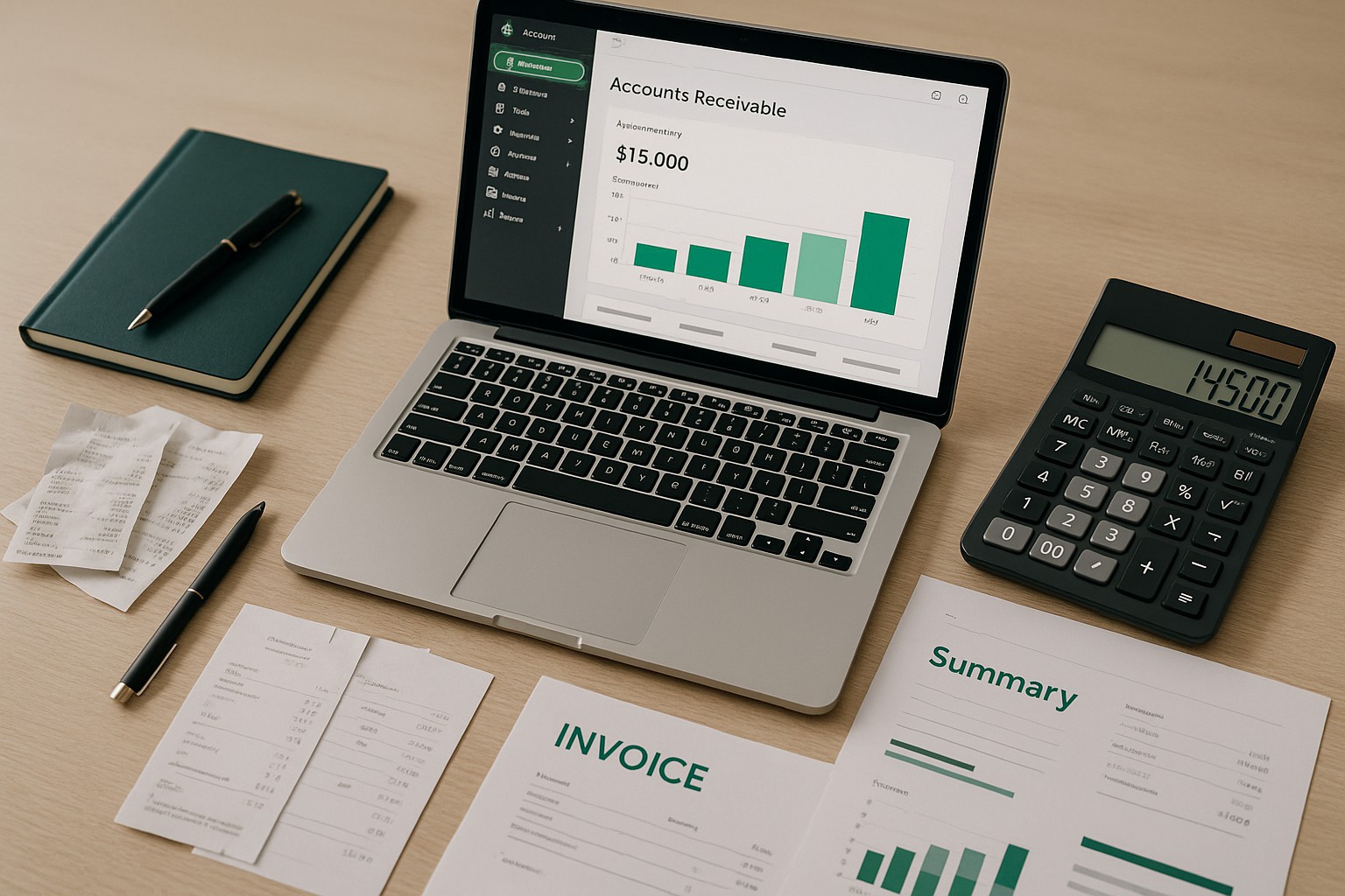 Accountant reviewing accounts receivable reports on a laptop using QuickBooks in a small business office.