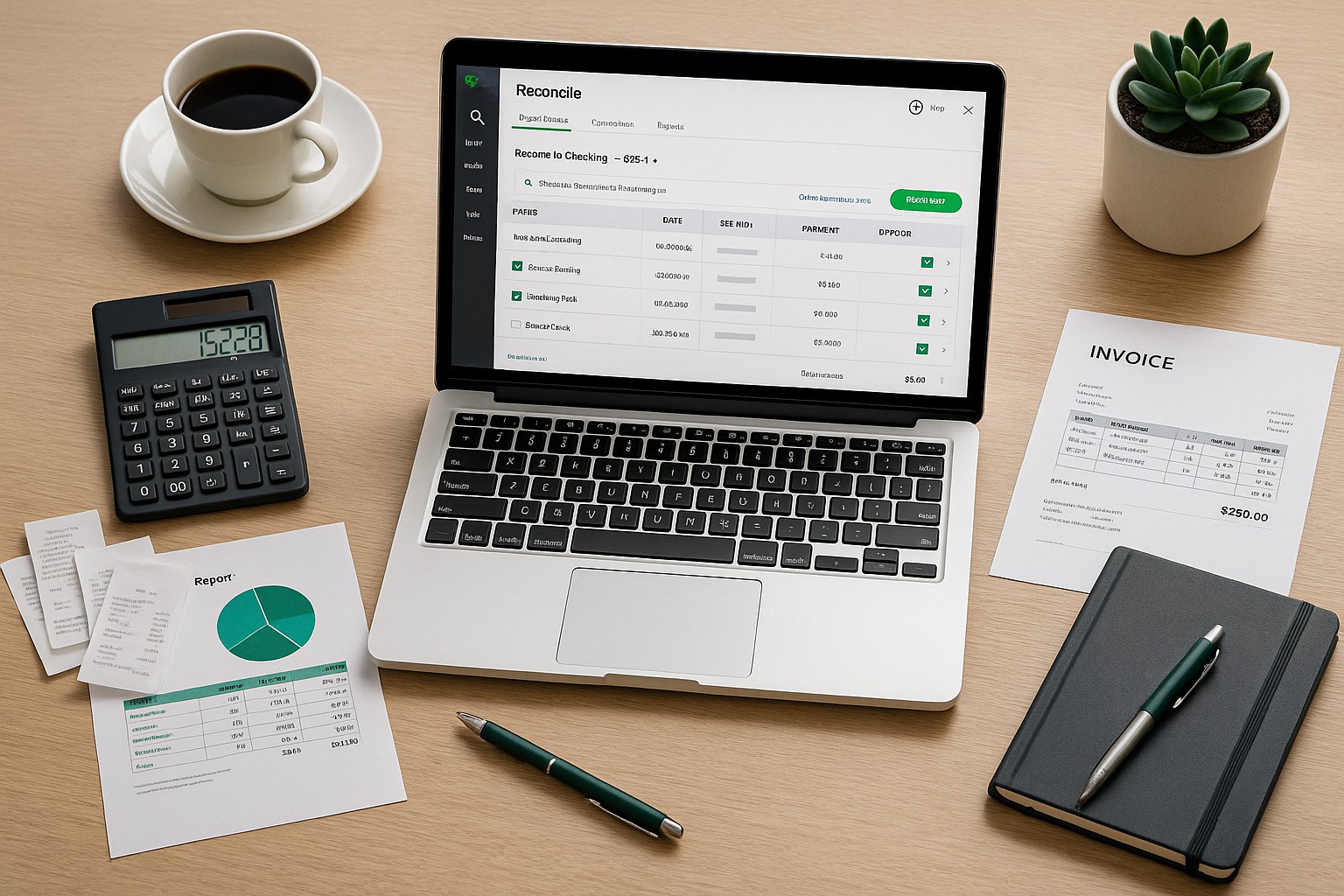 Small business owner reconciling bank accounts using QuickBooks Online on a laptop, with financial documents and calculator on the desk.