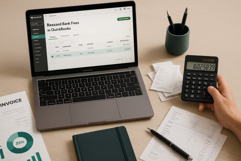 Screenshot of QuickBooks dashboard showing a bank fee transaction being entered for small business accounting.
