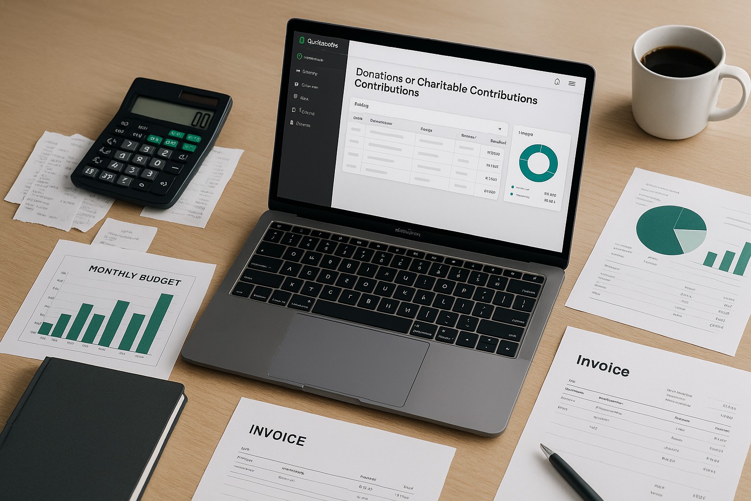 Accountant entering charitable donations into QuickBooks on a laptop at a small business office