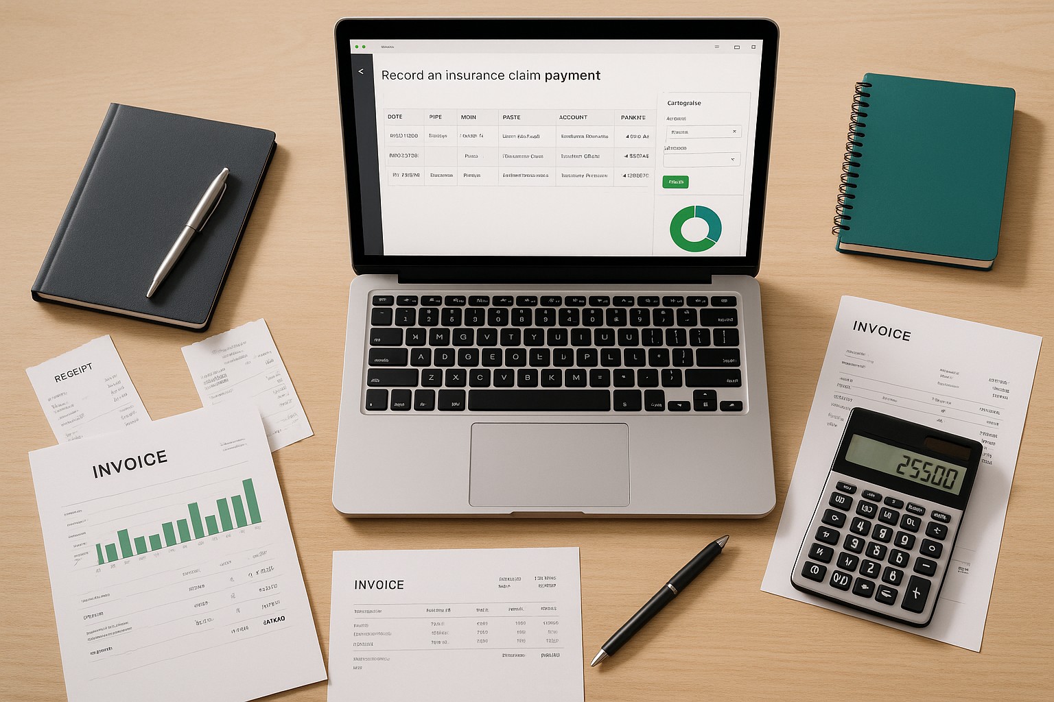 Accountant entering an insurance claim payment into QuickBooks on a laptop, surrounded by financial documents.