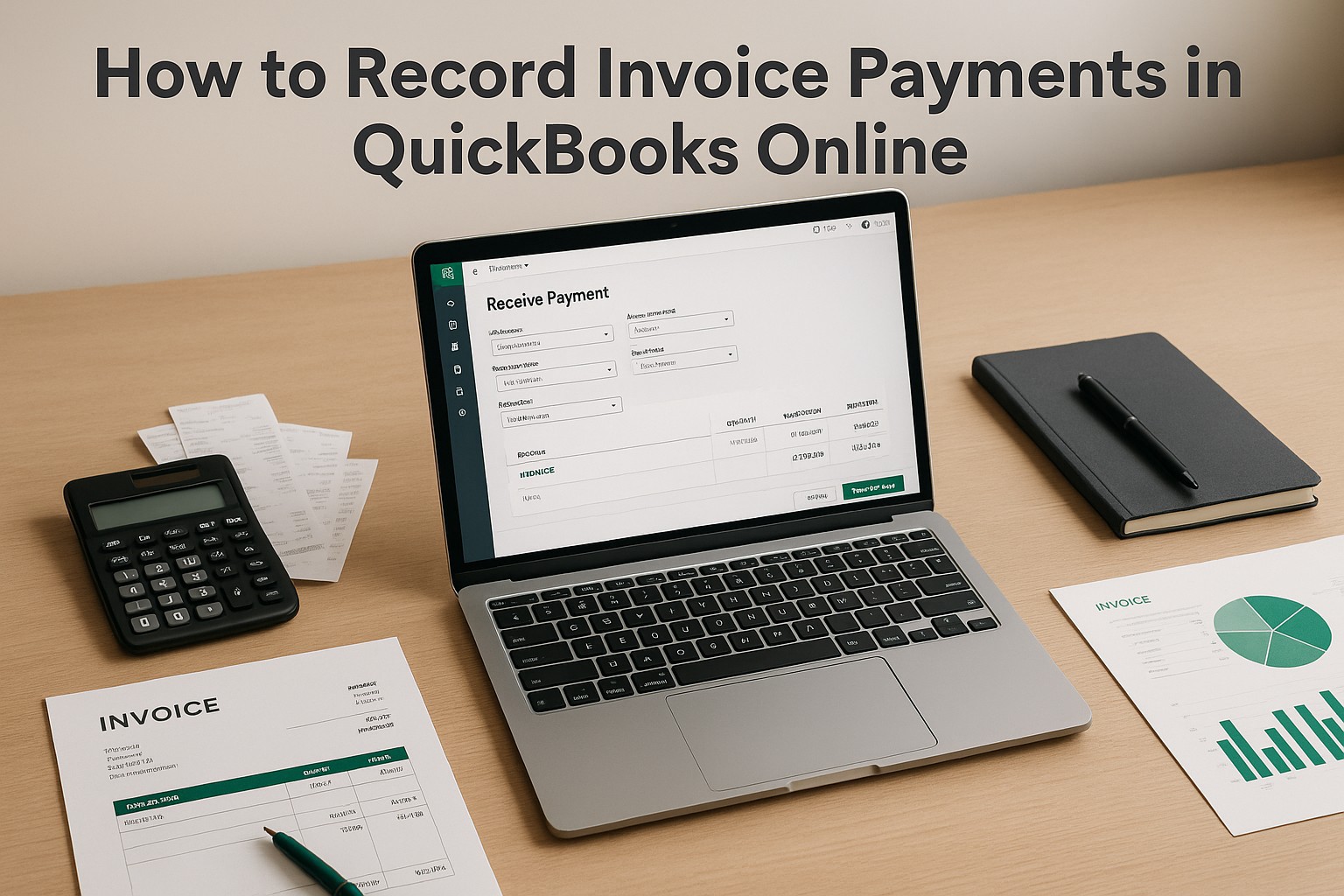 Accountant entering invoice payments in QuickBooks Online on a laptop for small business bookkeeping