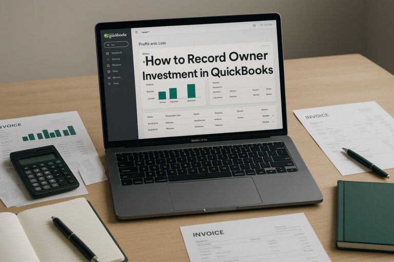 Small business owner entering investment details into QuickBooks accounting software on a laptop.