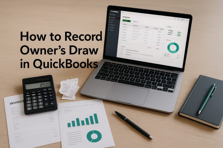 Business owner recording an owner's draw transaction in QuickBooks on a laptop, with financial documents and calculator on desk.