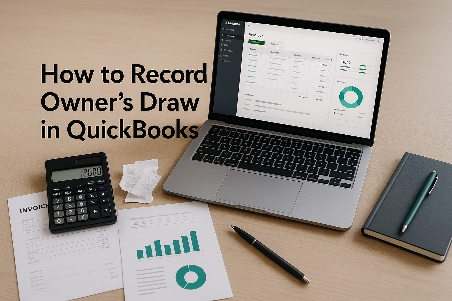 Business owner recording an owner's draw transaction in QuickBooks on a laptop, with financial documents and calculator on desk.