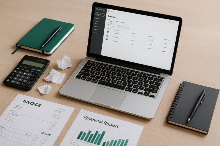 Accountant reviewing deleted invoices in QuickBooks Online on a laptop in a small business office