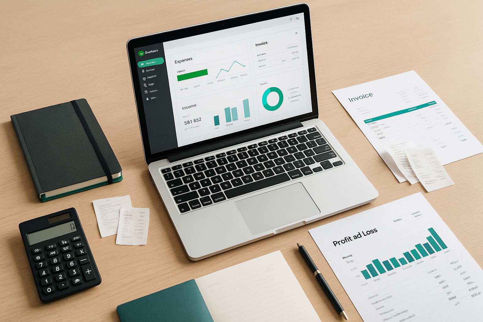 Small business owner reinstalling QuickBooks software on a laptop without a CD, surrounded by accounting documents and a calculator.