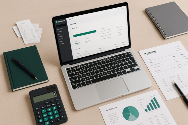 A small business owner entering W2 income details into QuickBooks on a laptop, with accounting documents and payroll forms nearby.