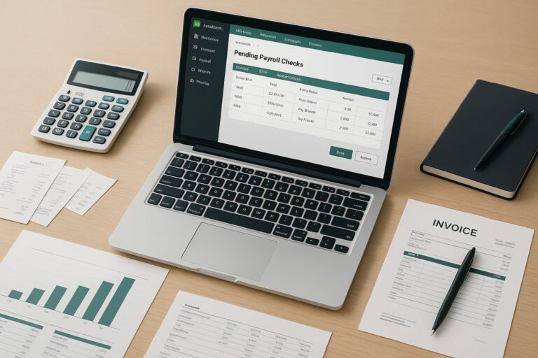 QuickBooks payroll dashboard showing pending payroll checks with options to save or revert changes, designed for small business accounting.