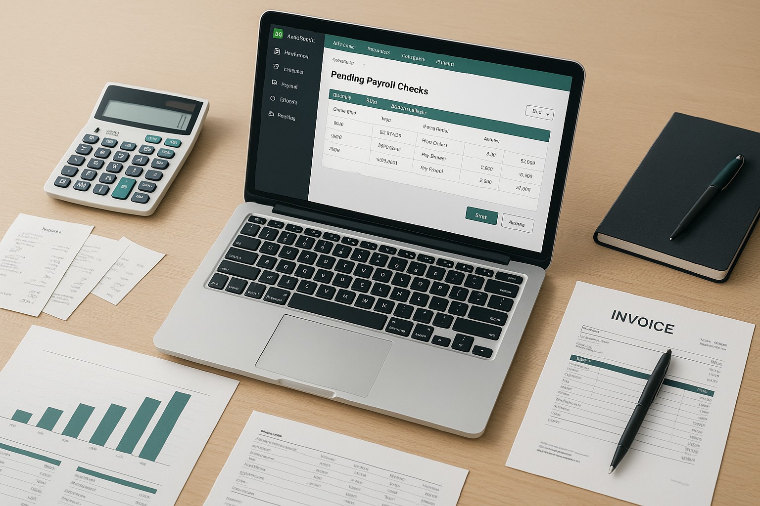 QuickBooks payroll dashboard showing pending payroll checks with options to save or revert changes, designed for small business accounting.