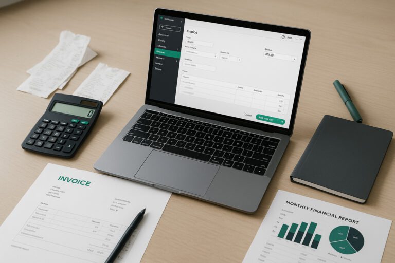 QuickBooks invoice number entry screen on a laptop, with a small business owner managing accounting tasks.
