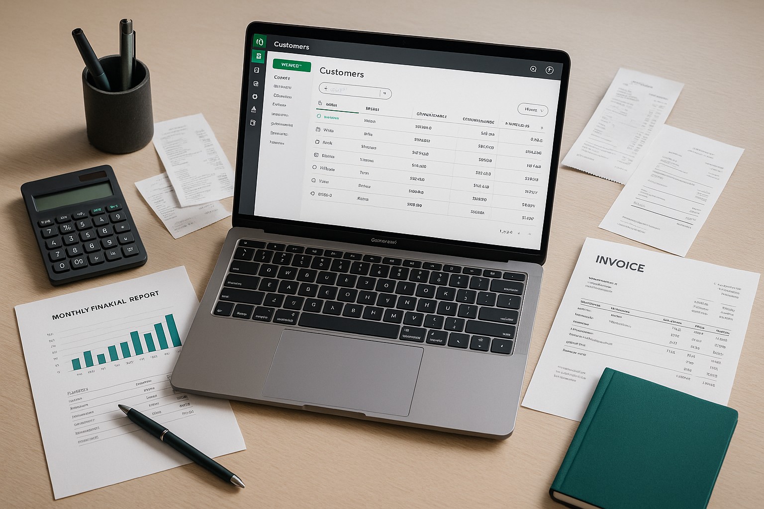 A business owner entering customer information into QuickBooks Online on a laptop, with accounting documents nearby.