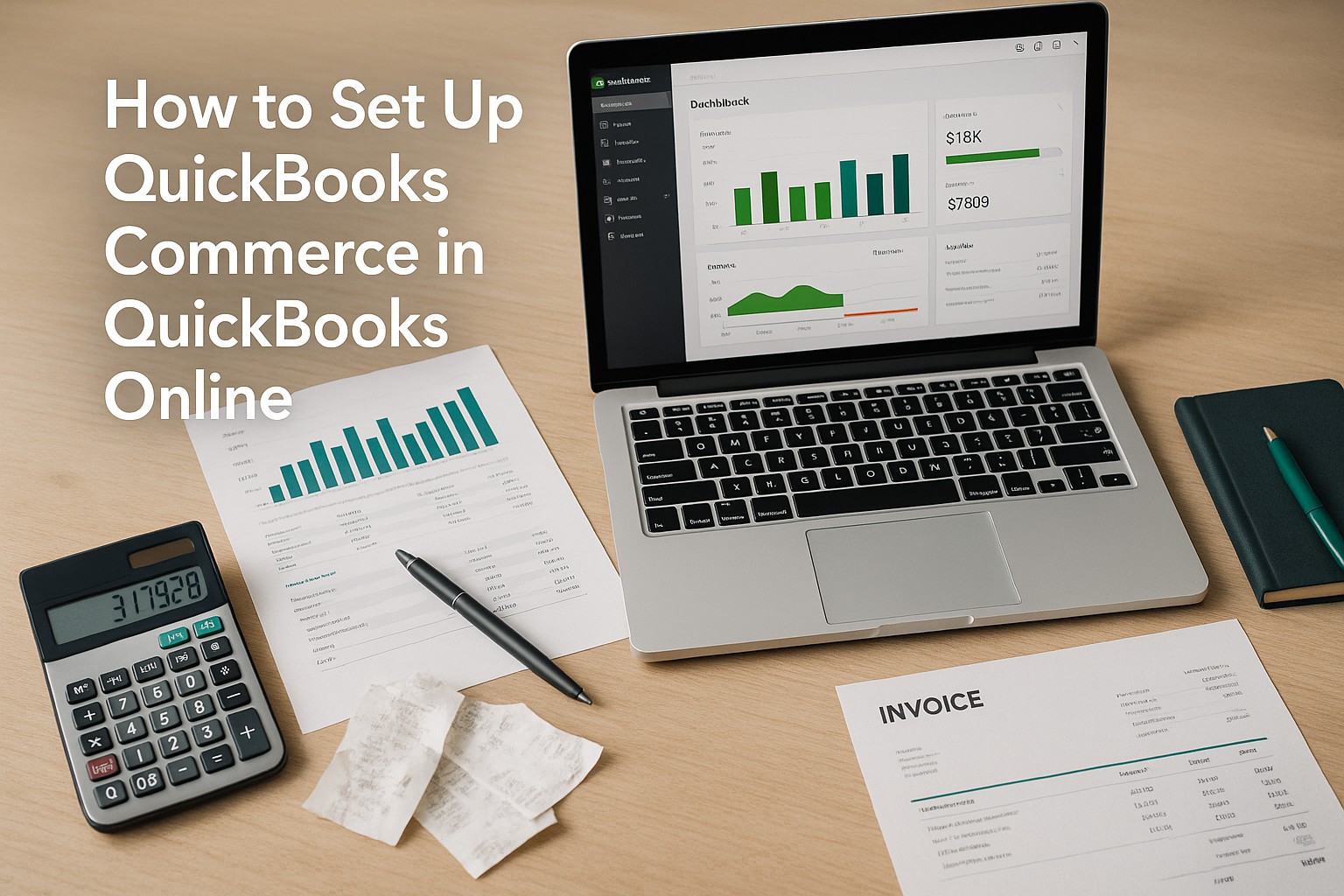 Small business owner setting up QuickBooks Commerce integration on a laptop with QuickBooks Online dashboard visible