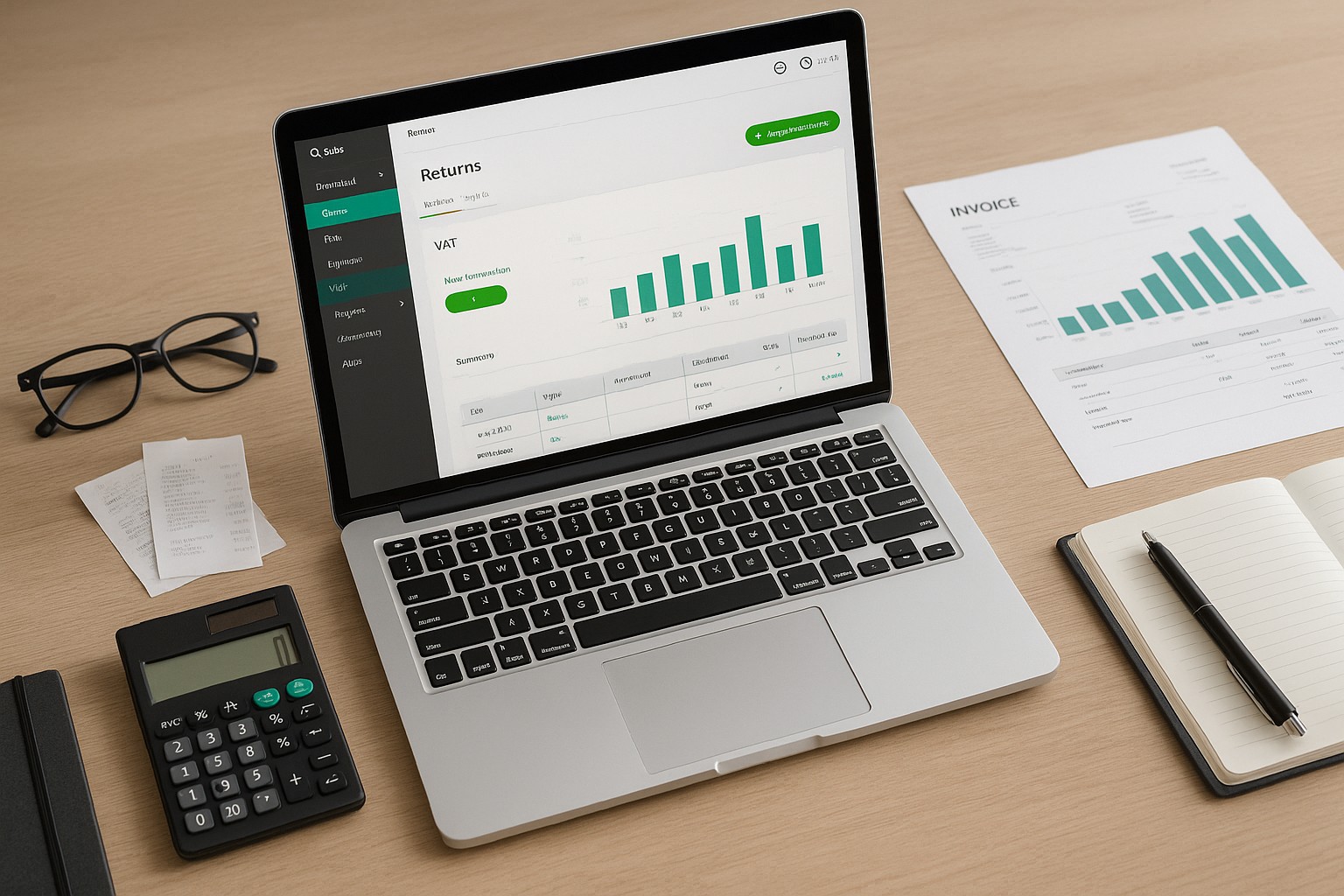 A small business owner navigating the VAT settings in QuickBooks Online on a laptop, with accounting documents and calculator nearby.