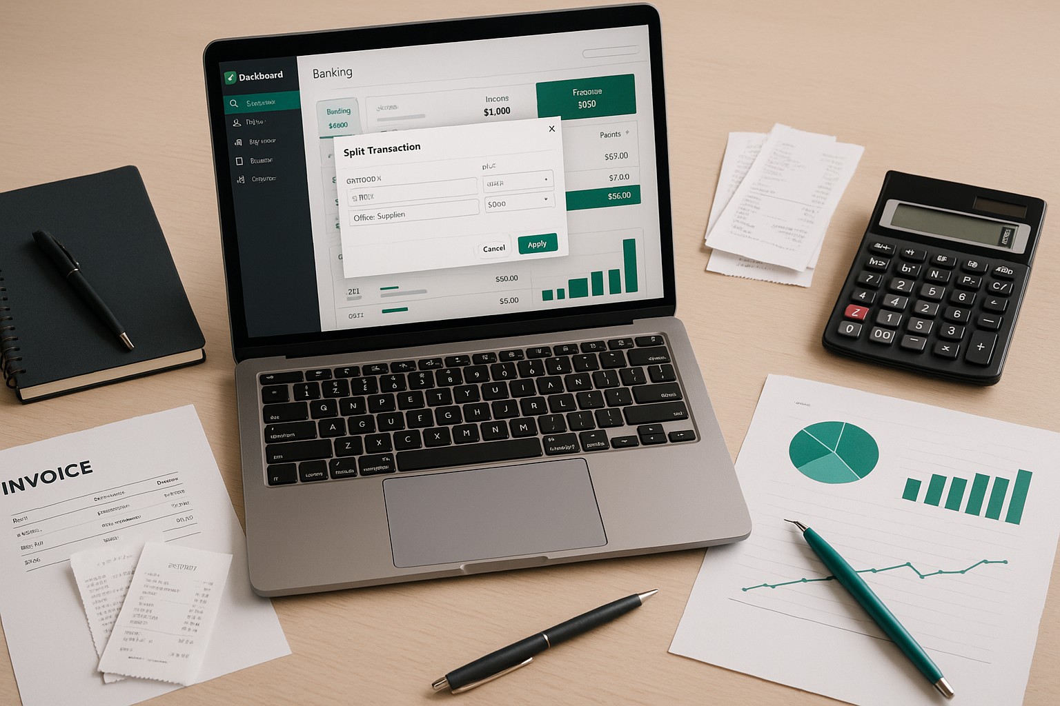 Screenshot of QuickBooks desktop showing a split transaction entry for small business bookkeeping.