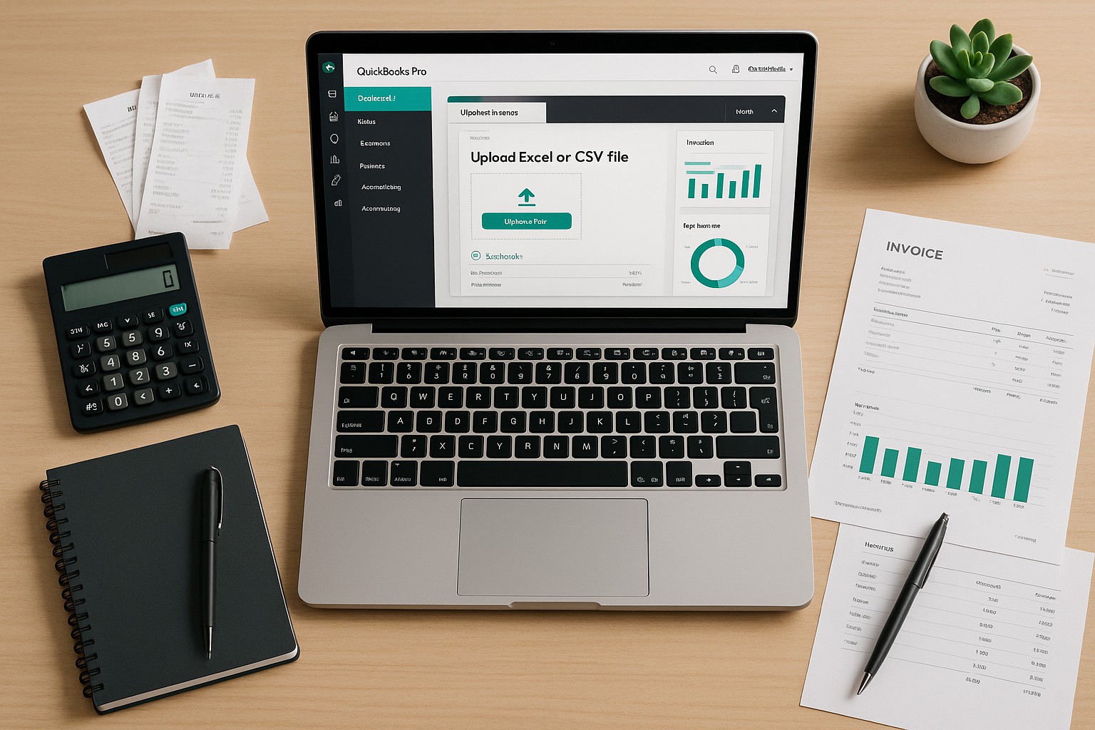 Business professional importing Excel spreadsheet into QuickBooks Pro on a laptop in an office setting