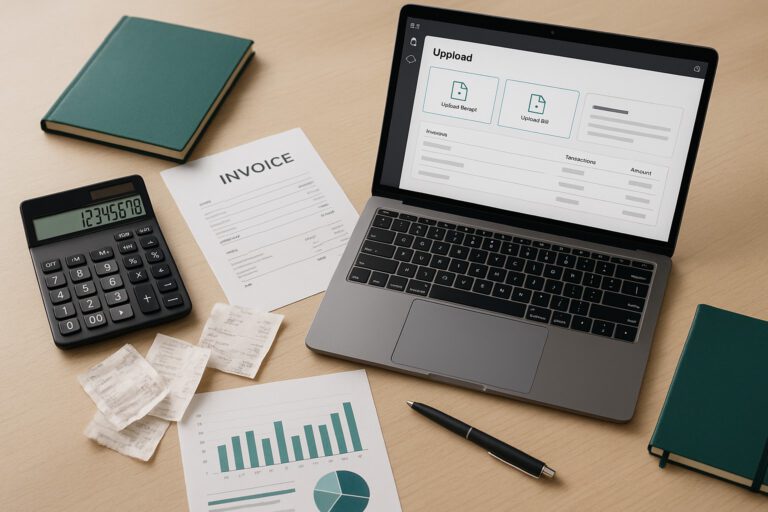 Business owner scanning receipts and uploading bills into QuickBooks Online on a laptop, surrounded by accounting documents.