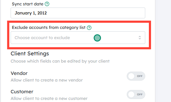 Access the “Exclude accounts from category list” option