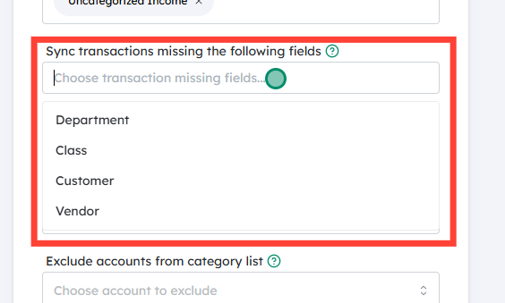 Locate and enable Sync transactions missing the following fields