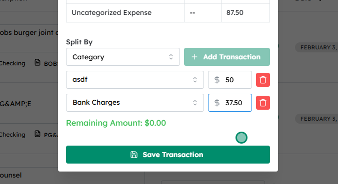 Select the desired split and ensure the remaining amount is $0.00