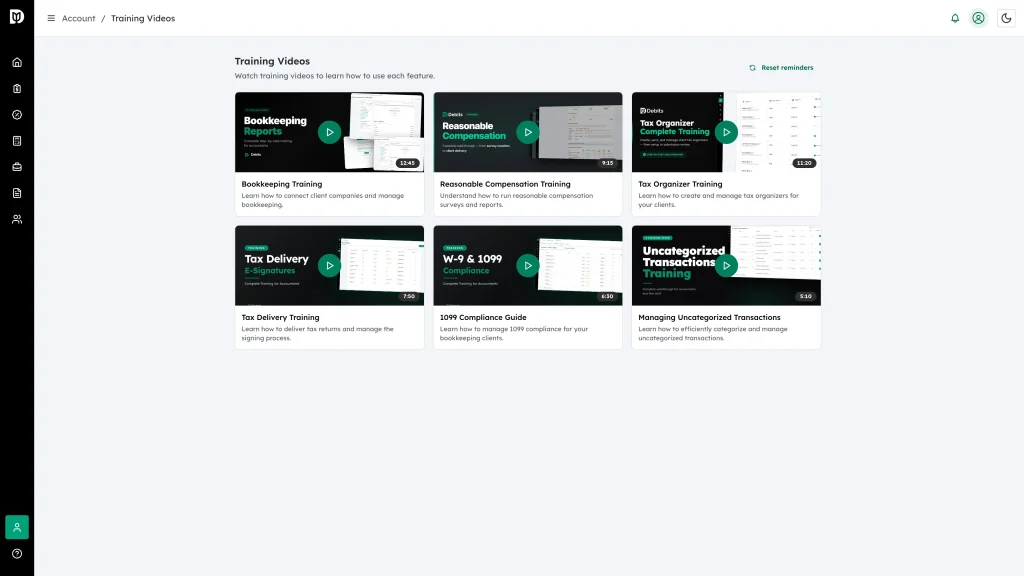 The Training Videos library showing all six guides