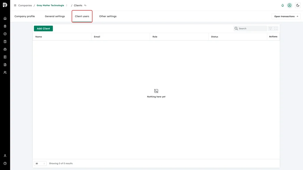 The Client users tab in the company settings tab bar