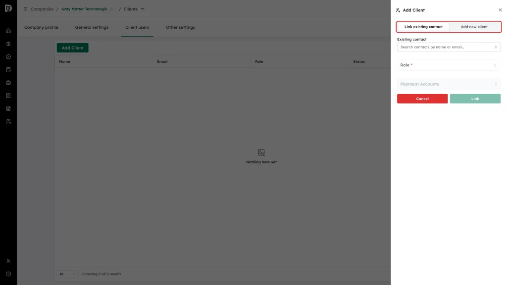 The Link existing contact / Add new client switcher at the top of the drawer