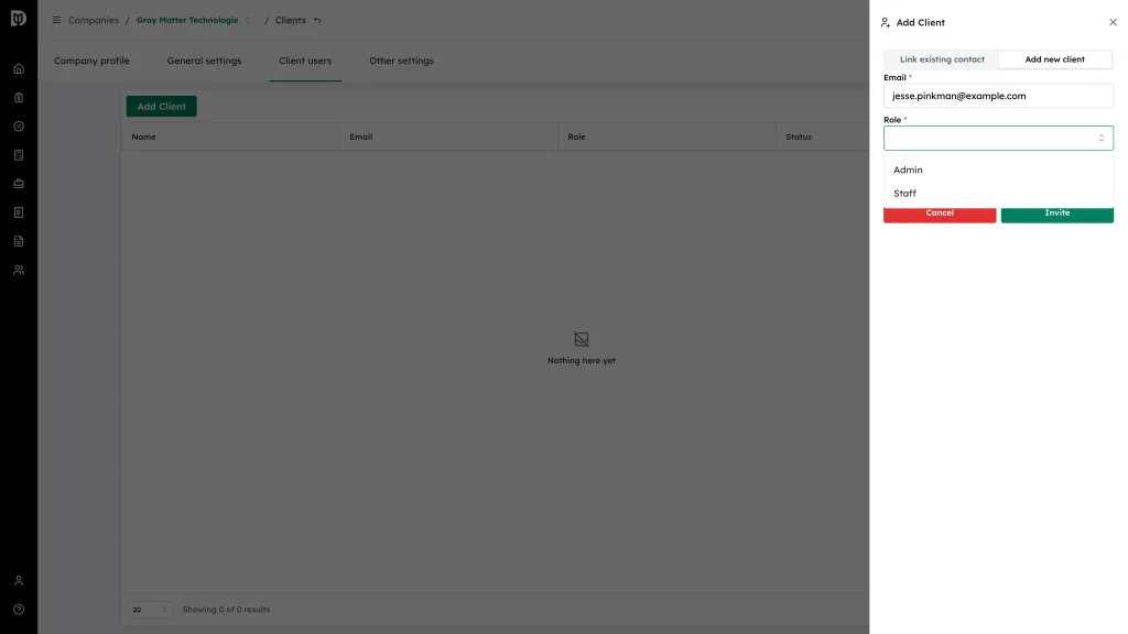 The Role list open showing Admin and Staff