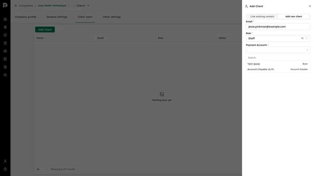 The Payment Accounts list open showing the company's bank and credit card accounts
