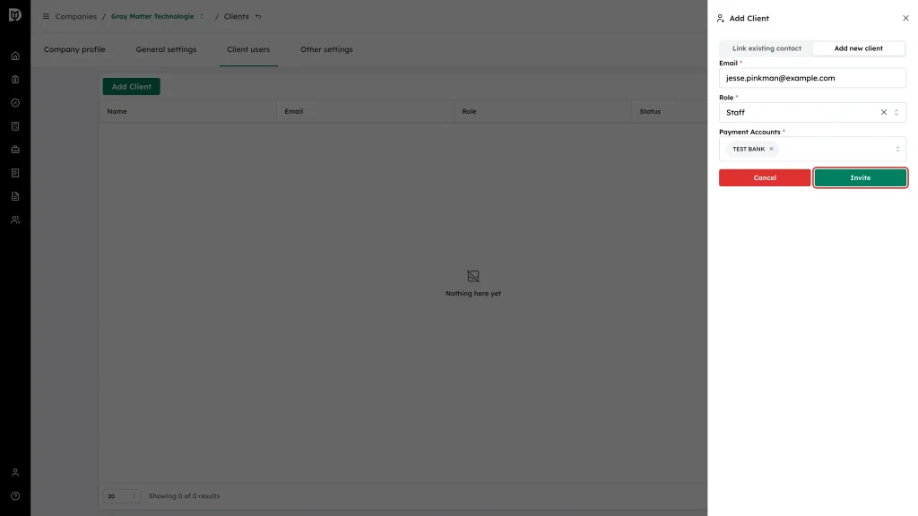 The Invite button at the bottom of the Add Client drawer