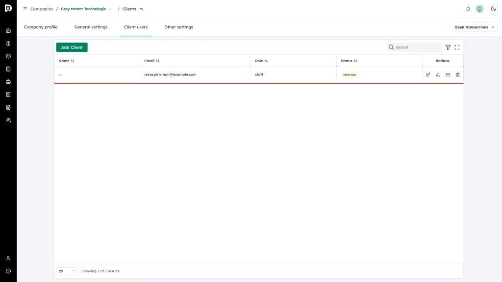The new client user row showing the INVITED status badge
