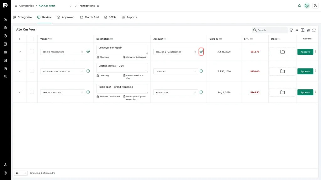 Green plus button beside the Account picker on the first transaction row