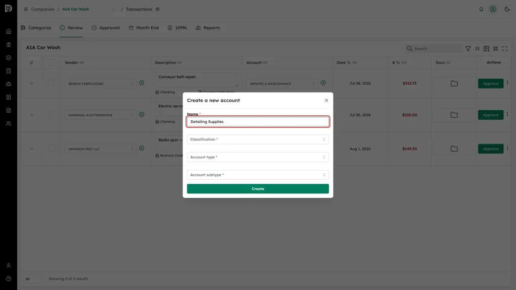 Name field of the Create a new account window filled in with Detailing Supplies