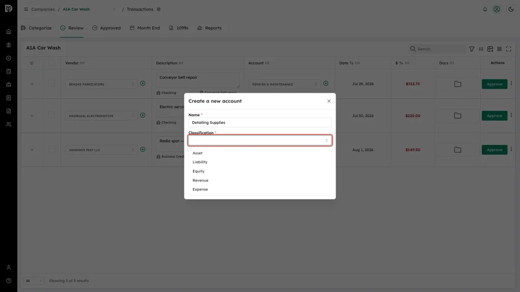 Classification drop-down listing Asset, Liability, Equity, Revenue and Expense