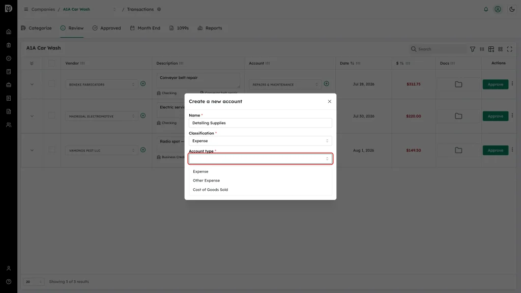 Account type drop-down listing Expense, Other Expense and Cost of Goods Sold